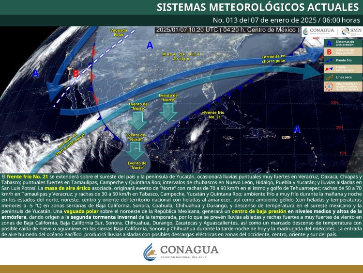EL FRENTE FRÍO NO. 21 Y SU MASA DE AIRE ÁRTICO, OCASIONARÁN LLUVIAS PUNTUALES FUERTES A MUY FUERTES, EVENTO DE “NORTE” EN ESTADOS DEL LITORAL DEL GOLFO DE MÉXICO Y MARCADO DESCENSO DE TEMPERATURA EN EL NORTE, NORESTE, CENTRO Y ORIENTE DEL TERRITORIO NACIONAL