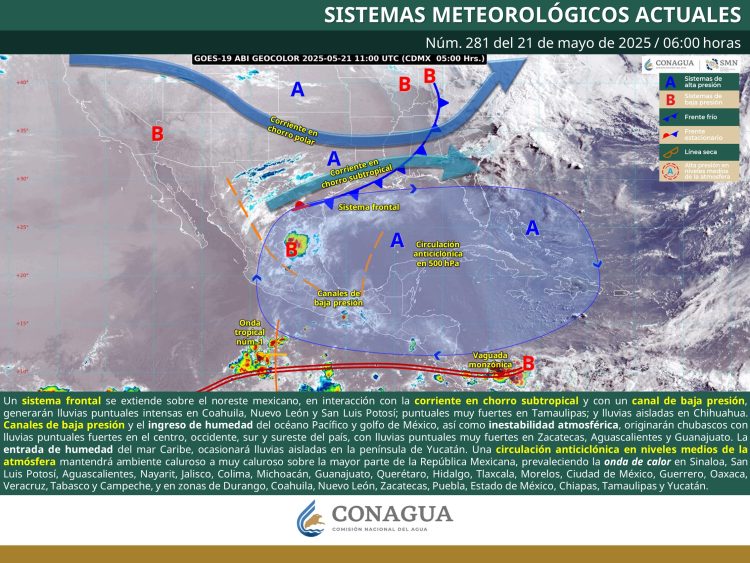Se pronostican lluvias intensas en Coahuila, Nuevo León y San Luis Potosí,y muy fuertes en Tamaulipas, Zacatecas, Aguascalientes y Guanajuato